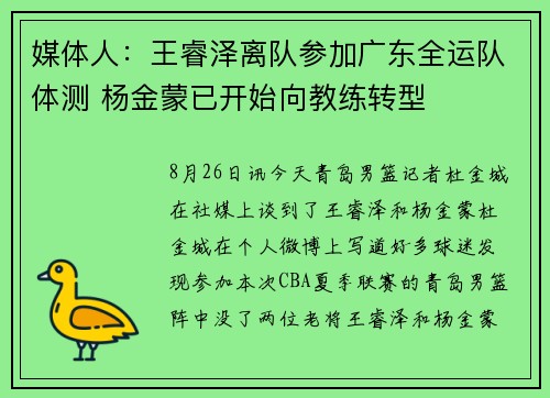 媒体人：王睿泽离队参加广东全运队体测 杨金蒙已开始向教练转型